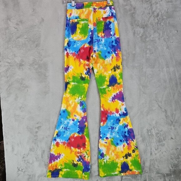 2BME Fashion Jeans Womens M High Rise Bell Bottom Flare Rainbow Tie Dye Boho - Picture 2 of 10